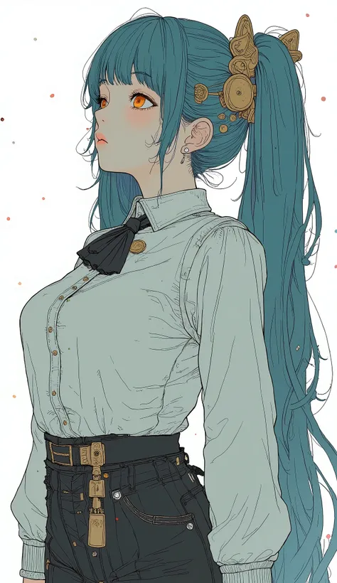  high resolution , masterpiece,  accurate,  top quality,  high resolution model,  high detail, Anatomically  accurate,  Face Up 、blue-green hair color  、Thick lower lip、  big breasts、 emphasizes the chest、 looks up、profile、 Twin Tails、  1 girl、