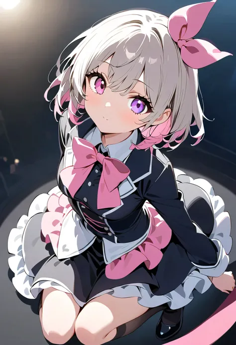 black costume、 AKB, black dress 、 gray hair 、 gray hair に毛先はピンク、 black long sleeve dress ロングスカート、 pink ribbon がついたblack knee high socks、 pink ribbon 、 Idol Costume、 medium white hair with pink tips 、Pink hair with pink tips、 black long sleeve dress...