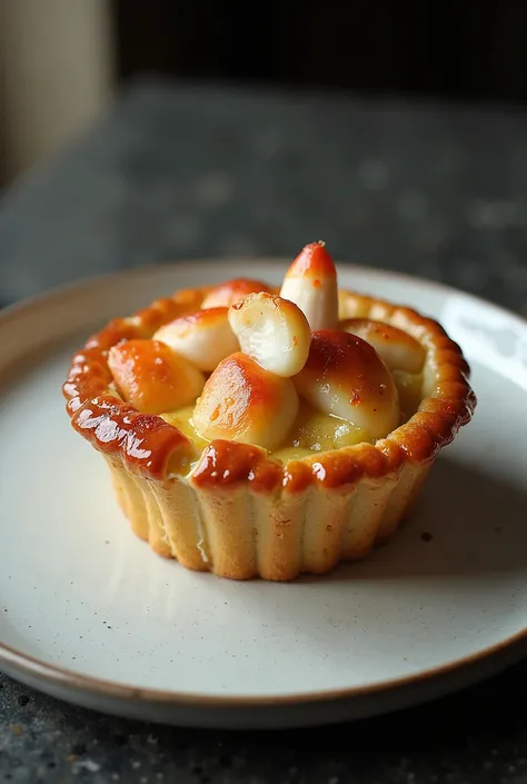 pie with crap fat and crab meat, serve on modern plate and topping with crab eggs