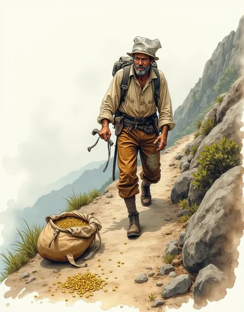  Watercolor illustration of a very poor man ,  walking up a mountain uphill ,  he wears torn clothes , worn out.   his clothes are old from the 19th century and he wears a newspaper hat .   his brown pants , patched up .  he goes up the hill and behind he ...