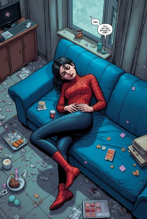 Spiderverse comic panel illustrating an image of a character lying sad on the blue sofa in the messy living room