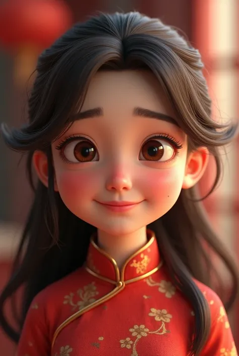 3d pixar image Woman with oval face with moist brown eyes, long wavy dark brown hair, wearing traditional cheongsam, her hair is flown.  A small smile appeared on his face which was still wet with tears.