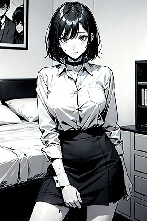 Line drawing, manga style, black and white, monochrome, clean smooth lines, masterpiece, one woman, white long sleeve business shirt, tight skirt, short hair, ((business shirt)), black hair, 30 years old, sweating on the face, wearing a collar, Bedroom, Sh...