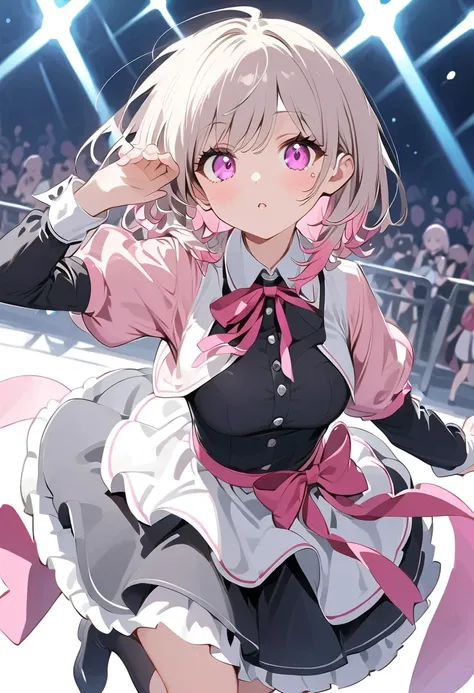  black costume、 black dress 、Gray Hair、Gray Hairに毛先はピンク、 black long sleeve dress ロングスカート、  pink ribbon がついたblack knee  high socks、  pink ribbon 、  Idol Costume、White medium hair with pink tips 、Pink hair with pink tips、Black long sleeve dress 、Beautiful Ab...