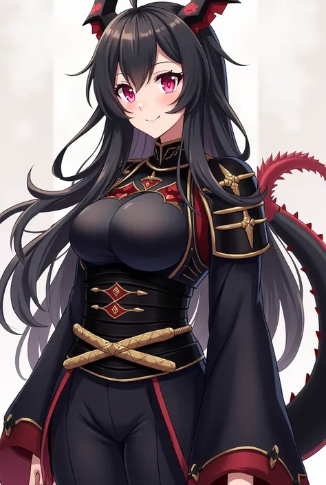 ( maximum quality,  best quality,  official art , beautiful and aesthetic:1.2) female,  dragon girl from the anime ,  fair skin ,  with only a dragon horn located on her forehead, black number,  Chinese-style long black hair ,  red eyes,  black Japanese ar...