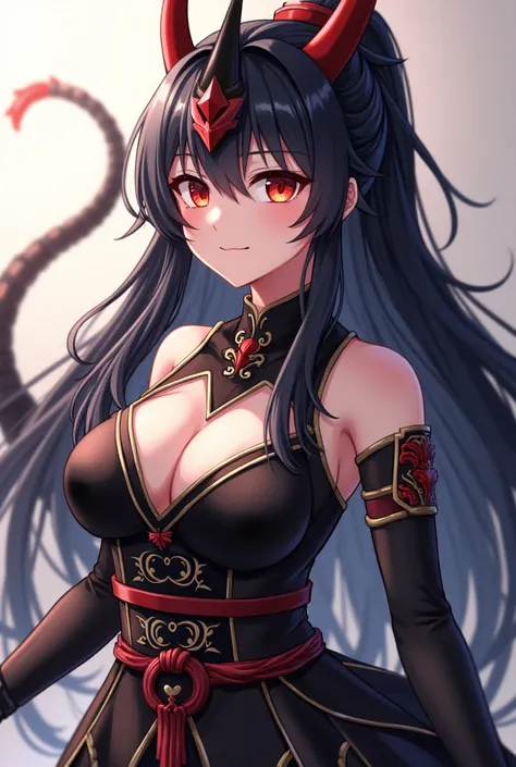 ( maximum quality,  best quality,  official art , beautiful and aesthetic:1.2) female,  dragon girl from the anime ,  fair skin ,  with only a dragon horn located on her forehead, black number,  Chinese-style long black hair ,  red eyes,  black Japanese ar...