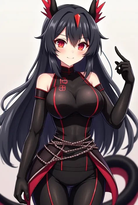 ( maximum quality,  best quality,  official art , beautiful and aesthetic:1.2) female,  dragon girl from the anime ,  fair skin ,  with only a dragon horn located on her forehead, black number,  Chinese-style long black hair ,  red eyes,  black Japanese ar...