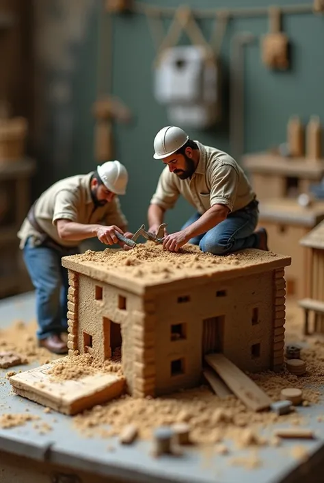 You make a cakeminiature workers engaged in intricate construction or repair work. Could you share more about what you'd like to create? For instance, do you want a similar miniature setup but with a unique theme or different tools, or are you aiming for s...