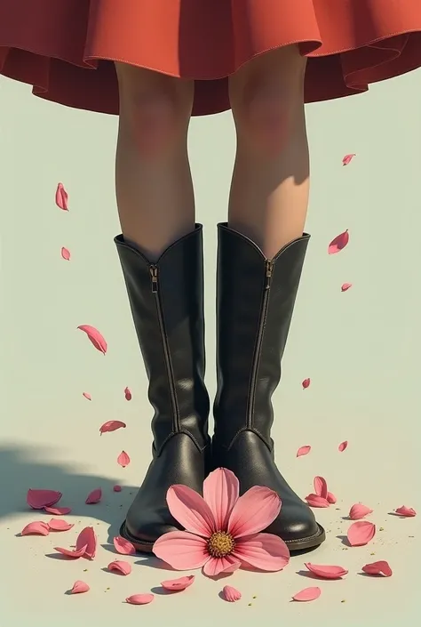 She crushes and tears apart a light pink flower on the ground with her boots 