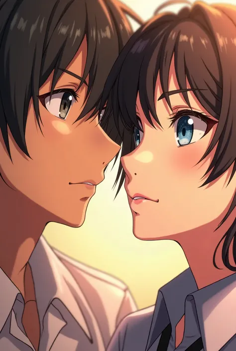 a beautiful detailed portrait of Mamiya Natsuki and Shoichi Tsugami, extremely detailed eyes and face, long eyelashes, elegant expression, beautiful detailed lips, high quality anime art, intricate details, soft lighting, warm color palette, highly detaile...