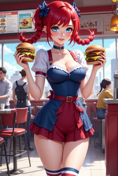 The subject is a young woman with a fair complexion and striking blue eyes, dressed in a playful, waitress-themed outfit. She has red hair styled into two long braids, each tied with blue ribbons. Her outfit consists of a blue dress with white puffy sleeve...