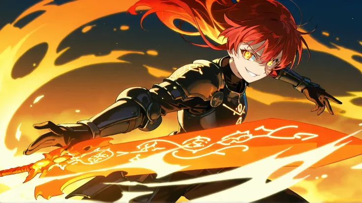 “A young anime-style female character with long, flowing red hair and glowing orange eyes. She has a confident smirk and wears sleek black armor with intricate details. A mysterious orange aura surrounds her, crackling with fiery energy. She holds a majest...