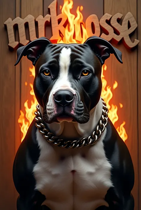 The image depicts a Pitbull dog breed with a powerful and imposing appearance. Its coat is two-tone, with one half of its face black and the other white, creating a striking contrast. It wears a metal chain collar that accentuates its robust appearance.

T...