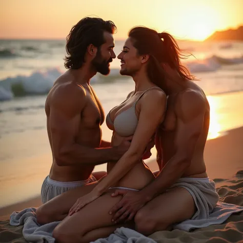  Two handsome men with beards,  the three of them the woman and the two men look at each other with great lust, her sensually shaped body , on top of a towel on the beach with the waves of the sea with orange-orange light and visible,  with two tall men , ...