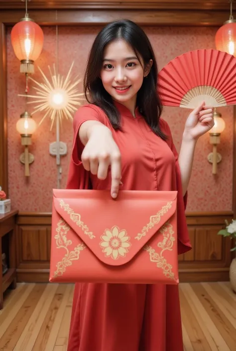 Girls in standing split：1.5， masterpiece,  high quality ,  Best Quality , " A happy and lovely  ， with shining eyes ,  bright smile , and rosy cheeks,  wearing a festive red envelope ， with a festive red fan . She reached forward, 拿着一个特大的Red envelope (Red ...