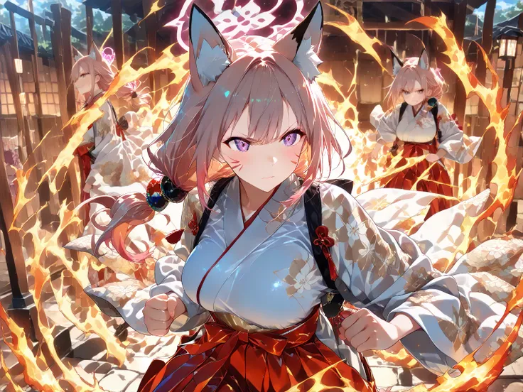 ((((masterpiece)))), anime coloring,Japanese anime,((((Best Quality)))), ,  ,(action),High resolution,fine grain,,Detailed face, Fox Girl,狐の耳,Wearing a kimono,hakama,Beautiful Skin、Beautiful and sophisticated eyes、氷,fire,xss,,mature_lady