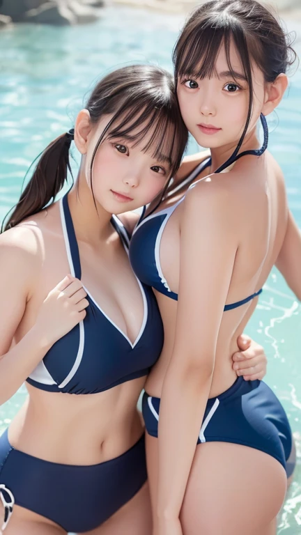 2 girls, navy school swimwear, holding each other, upper body, detailed eyes,detailed lips, realistic, photorealistic, 8k, highres, masterpiece, ultra-detailed, physically-based rendering, vivid colors, studio lighting