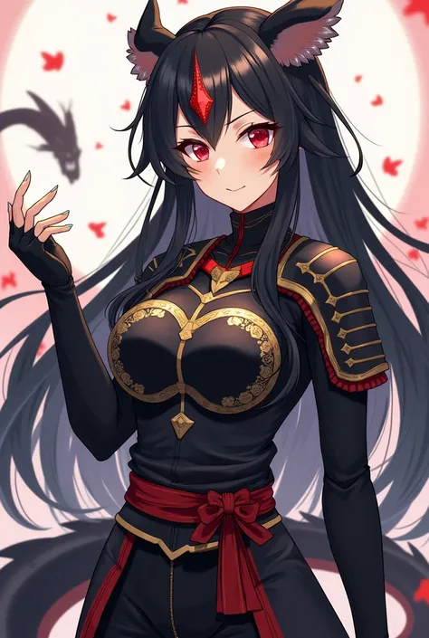 ( maximum quality,  best quality,  official art , beautiful and aesthetic:1.2) female,  dragon girl from the anime ,  fair skin ,  with only a dragon horn located on her forehead, black number,  Chinese-style long black hair ,  red eyes,  black Japanese ar...