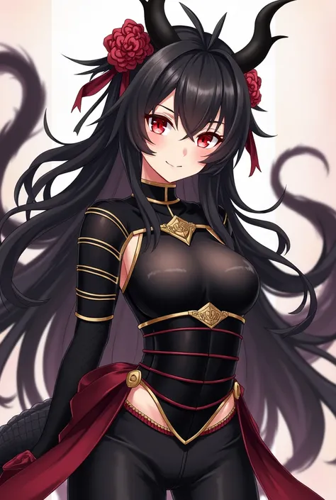 ( maximum quality,  best quality,  official art , beautiful and aesthetic:1.2) female,  dragon girl from the anime ,  fair skin ,  with only a dragon horn located on her forehead, black number,  Chinese-style long black hair ,  red eyes,  black Japanese ar...