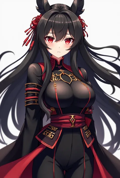 ( maximum quality,  best quality,  official art , beautiful and aesthetic:1.2) female,  dragon girl from the anime ,  fair skin ,  with only a dragon horn located on her forehead, black number,  Chinese-style long black hair ,  red eyes,  black Japanese ar...