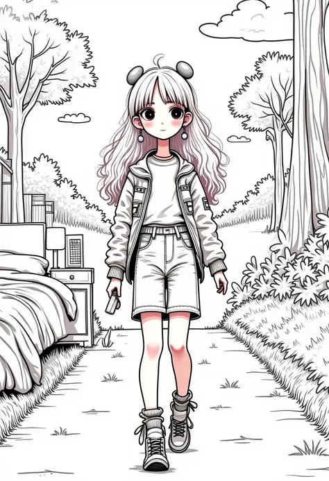 A black and white illustration of a young girl named Alice in a coloring book style. The drawing features Alice walks down an empty road, holding a magnifying glass in one hand and a desolate landscape in the background. The trees and flowers around her ar...