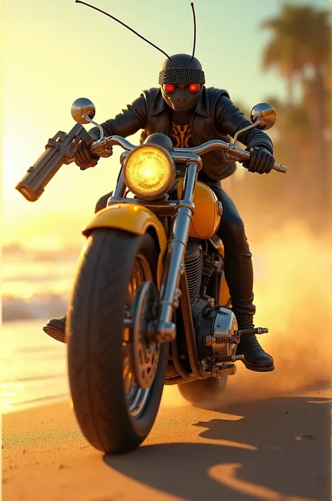 An ant that rides a big motorcycle  with high speed in beach with sun light behind with the eyes with blàck jacket and bandana on his jead and gun on his hanxd the motorcycle is yellow