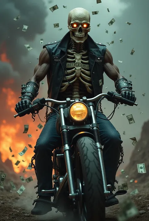 Give me a very muscular ghostrider type  skeleton . With the words CarterCashWear  made out of bones and cash money falling from the sññk