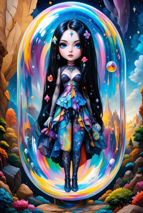 ultra detailed, absolutely resolution, masterpiece. 
fusion of pop art and psychedelic art, fusion of watercolor, acrylic and collage, conceptual installation art, various iridescent effects. 
chibi cute woman like a gothic doll trapped inside huge transpa...