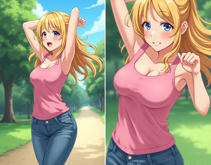 pretty anime girl in pink tank top, jeans, blonde hair, there are two comic/manga panels.

first panel shows her raising arms, showing off her Armpits, smiling and looking into the distance, at the park, focus on armpit, zoom on armpits. 

second panel fea...