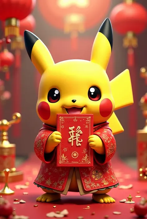 Pikachu holding an angpao with chinese costume and chinese new year ornaments 