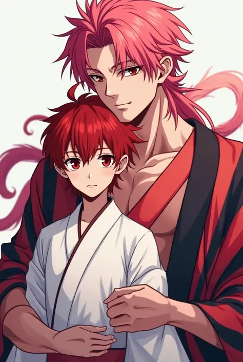  Make images for me : a very handsome, small and delicate 17-year-old boy,  with long red hair and dark pink eyes he has pointed ears he has very white skin make him wearing a white kimono he is in the arms of a big four-armed man (Sukuna himself from Juju...