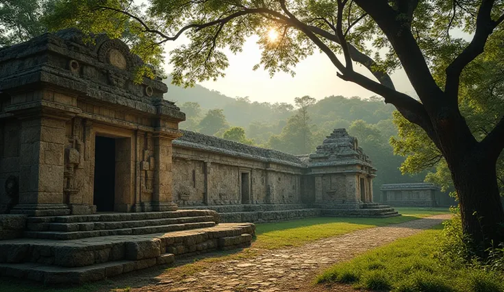 The archaeological zone of Xochicalco in the state of Morelos, in Mexico, in an environment of vegetation and trees. there is little light,  It's dawn .