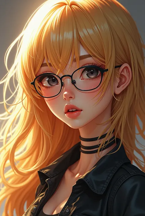  anime girl, blonde hair Amirillo ,Ojos negro ,Glasses, motorcyclists shirt,
