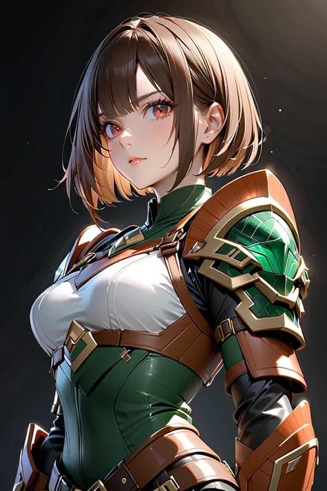  1girl , cowboy shot, from below, looking at viewer, A strong and intelligent female hunter reimagined in the Monster Hunter universe.  sleek chin-length bob hairstyle with sharp, clean edges and slightly parted bangs, lob, highlighting her composed and co...