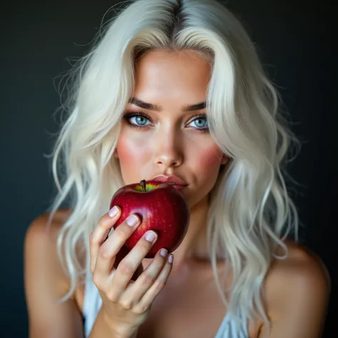 Very sensual white hair eating apple in casual outfit Pro UHD Photo