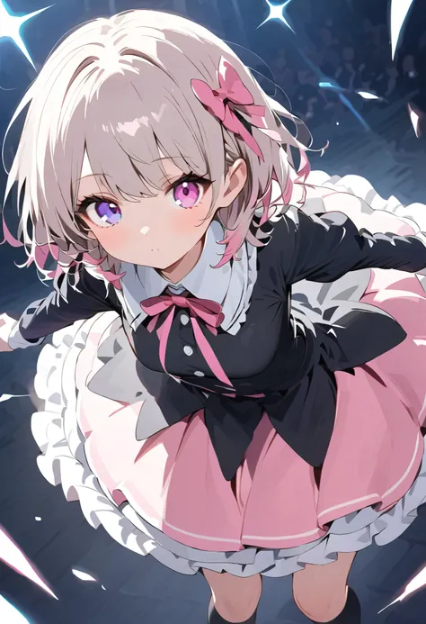  black costume、 black dress 、Gray Hair、Gray Hairに毛先はピンク、 black long sleeve dress ロングスカート、  pink ribbon がついたblack knee  high socks、  pink ribbon 、  Idol Costume、White medium hair with pink tips 、Pink hair with pink tips、Black long sleeve dress 、Beautiful Ab...