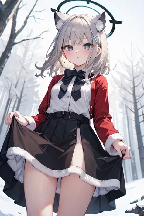 Masterpiece、top-quality、girl1、ultra-detailliert、View looking up from directly below,　Beige hair,santa dress、a short skirt、skirt rift、skirt lift by yourself、panties on　snowy forest,shiroko_bluearchive,