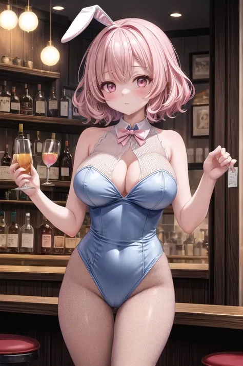  1 woman、 big breasts、 Ultra High Resolution、Light pink short hair loose fluffy perm、Light blue nightcap 、 Bunny Girl Kos who sticks to the wall 、 fishnet tights、Bar counter、A rich contrast、 very high quality、8k、 Extremely Delicate CG Unit、wallpaper