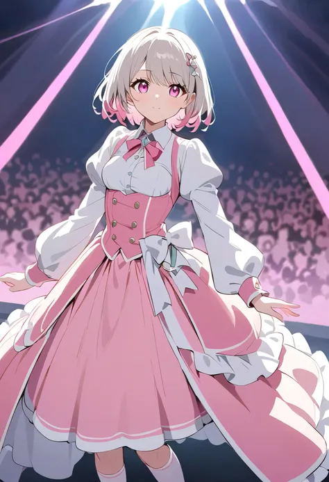 Gray Hair、Gray Hairに毛先はピンク、 Pink Long Sleeve Dressロングスカート、  pink ribbon がついたWhite knee socks、  pink ribbon 、  Idol Costume、White medium hair with pink tips 、Pink hair with pink tips、 Pink Long Sleeve Dress、Beautiful Absolute Realm  、whole body、White knee h...