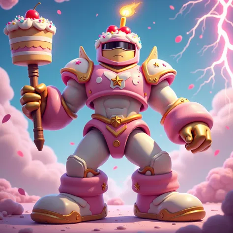 "Super Bolo, a fun and powerful hero with a suit inspired by a giant cake. His armor has soft, layered textures resembling a birthday cake, decorated with whipped cream, colorful sprinkles, and shiny cherries. His helmet looks like cake frosting, with a li...