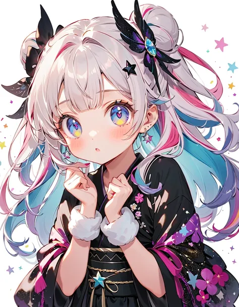  best detail、  1 girl，，Blink， （  the hair color is milky white and the tips of the fur are blue）、  The Cutest Girl in the World   ，Please wear a colorful and cute goth kimono costume  , star fairy ,Please wear a colorful and cute goth kimono costume   with...