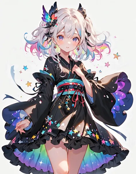  best detail、  1 girl，，Blink， （  the hair color is milky white and the tips of the fur are blue）、  The Cutest Girl in the World   ，Please wear a colorful and cute goth kimono costume  , star fairy ,Please wear a colorful and cute goth kimono costume   with...