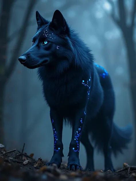  A black wolf with bright blue details on the fur and the name written on top "CABRAL LONELY WOLF “in white.