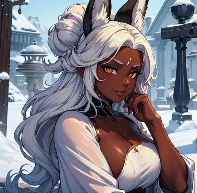 best quality,4k,8k,highres,masterpiece:1.2), ultra-detailed, mature ebony-skinned female, ethereal features, curvy full body, bright vibrant golden eyes and snow white curly hair. large white rabbit-ears with golden tips tip 1.3. Fluffy long snow-colored f...