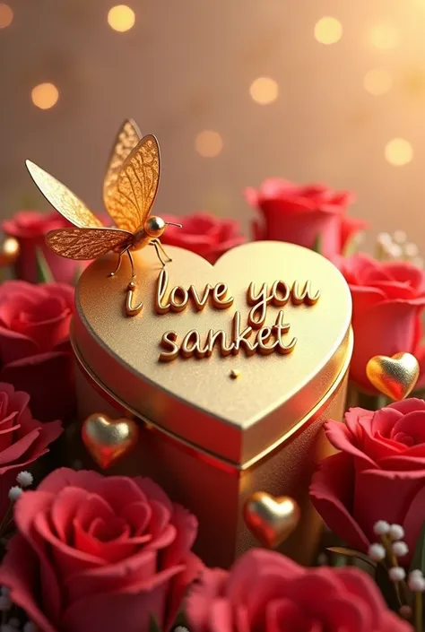 A luxurious and enchanting 3D rendered illustration features a golden butterfly delicately perched on an immaculate gold heart. The heart, adorned with the name "I Love You Sanket" in elegant shimmering 3D gold cursive letters, showcases the perfect blend ...