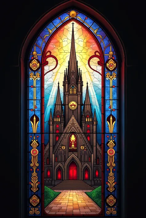 Generate a stained glass image of a church using the previous image as a model, Without the letters in the yellow stripe 