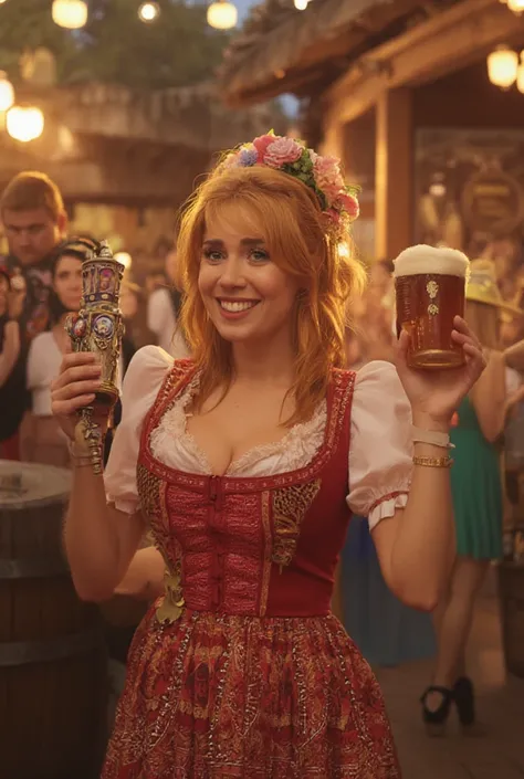 "Palina Rojinski totally drunk shines as the lively host of a televised Oktoberfest special, standing in the heart of Munich’s bustling festival grounds. She wears a modern twist on a traditional Bavarian dirndl—a fitted crimson bodice with intricate gold ...