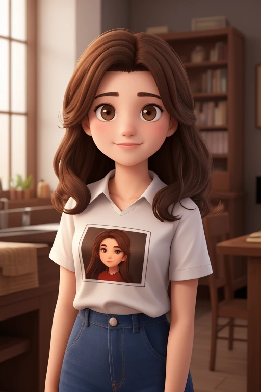  skin A 16-year-old woman, architect, with medium hair,  Dark brown ,  round face,  charming smile,  and slightly pulled brown eyes , first the king, wearing a shirt.