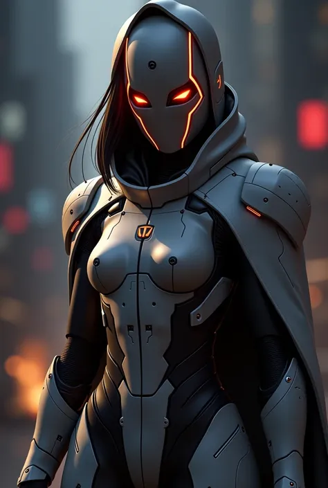 Queen of Darkness, wearing a futuristic suit 、Woman with a Shining Head and Chest ,  Cyberpunk Art Inspired by Marek Okon,  CG Society Contest Winner,   digital art ,  ginoid cyborg body , Mecha Cyber Armored Girl ,  cybersuit wearing a cape,  cybersuit we...