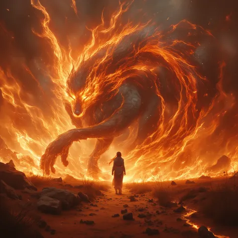 abstract painting, battlefield, a woman warrior silhouette, she's facing a fox god, the god is coming from another dimension, in a fire storm, powerful, epic, 4k